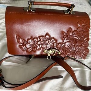 Embossed Floral Leather Crossbody Bag in Brown